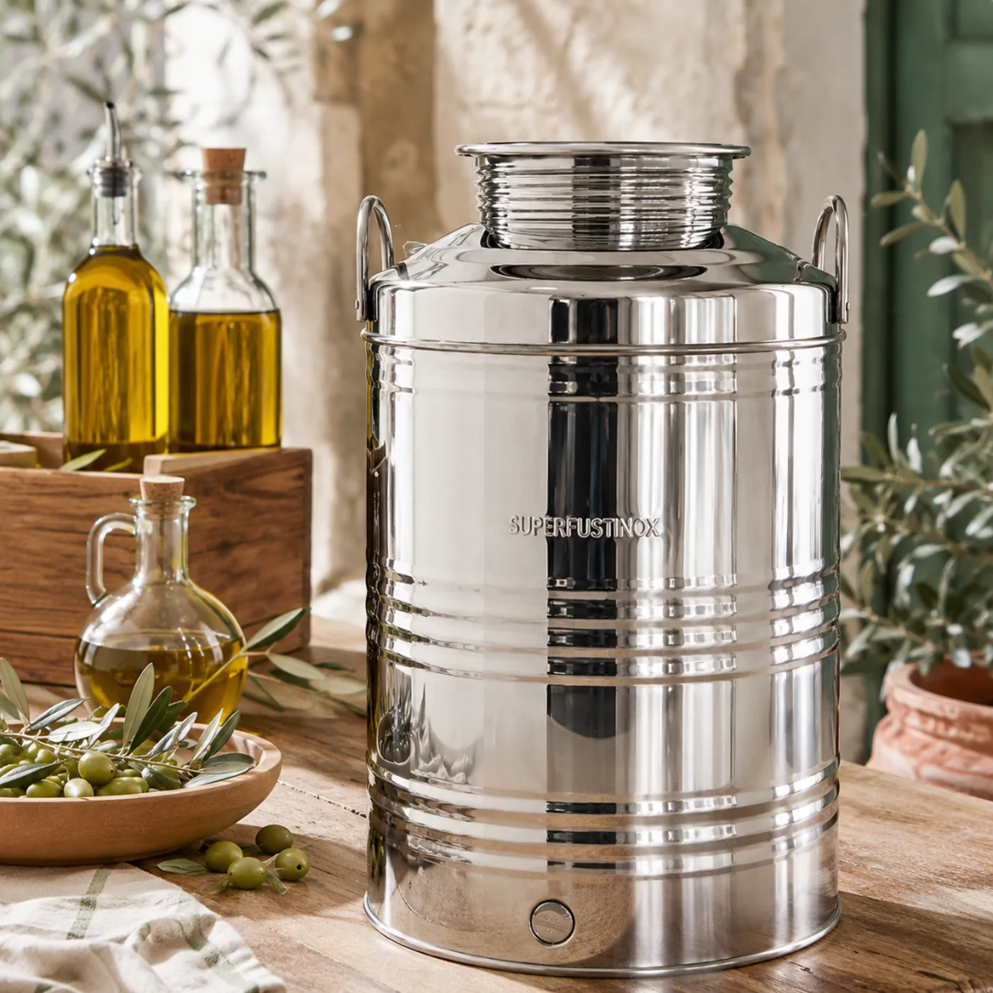 Milano 50L stainless steel drum beside olive oil bottles and fresh olives in a small-batch oil production setting