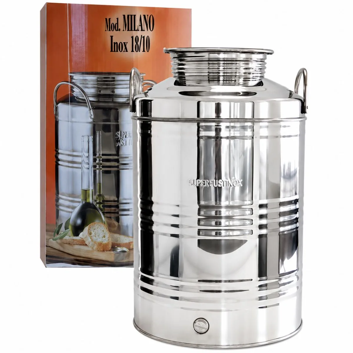Milano 50L stainless steel drum studio product shot showing welded body construction suited to commercial and agricultural handling