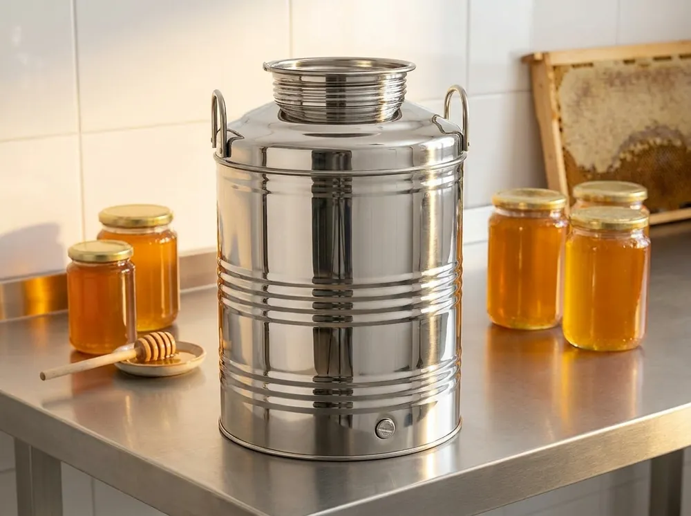 Milano 50L stainless steel drum on a stainless work surface in a honey bottling room, with jars of golden honey and a honeycomb frame in the background (studio scene composited from real product photography)