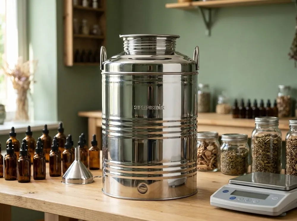 Milano 50L stainless steel drum on a workbench in a herbal tincture production room, surrounded by amber dropper bottles, dried herbs and a precision scale (studio scene composited from real product photography)