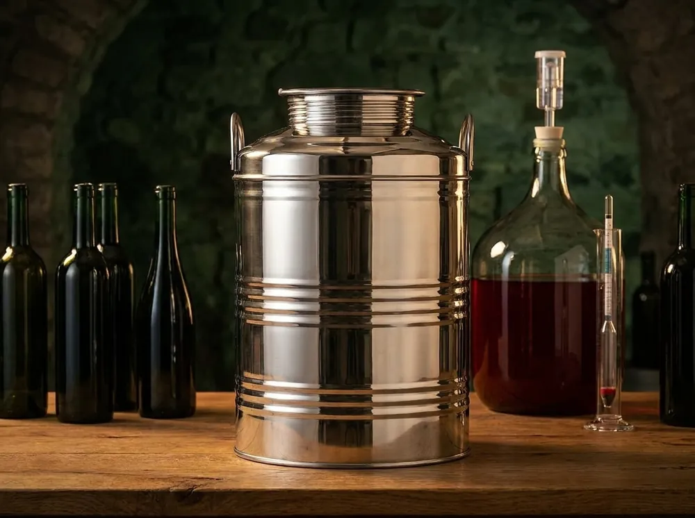 Milano 50L stainless steel drum on an oak table in a winemaking cellar beside wine bottles, a glass carboy with airlock and a hydrometer (studio scene composited from real product photography)